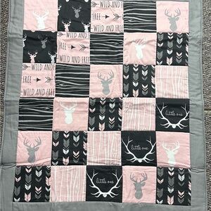 Pink and Gray Deer Patchwork Baby Quilt